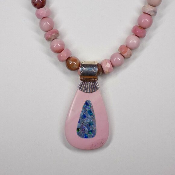 Jay King DTR Pink Opal Bead Necklace Australian Opal Inlay on Pink Opal Pendant - Picture 1 of 11